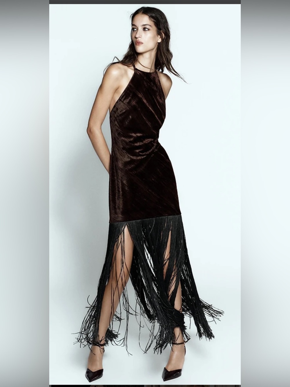 Zara Black Velvet Halter Fringe Mini Dress